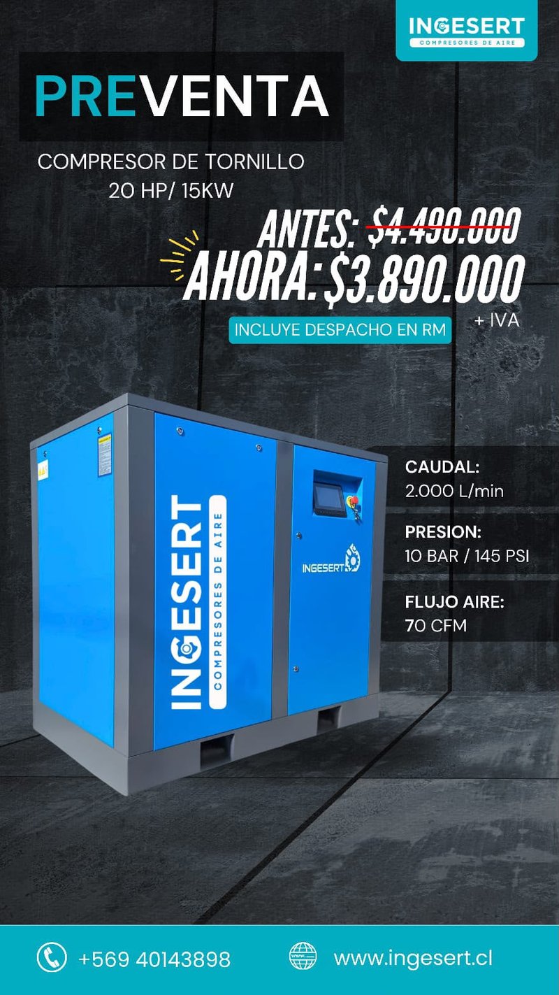 INGESERT — Preventa compresor de tornillo 20 HP / 15 kW, 2.000 L/min, 10 bar, 70 CFM