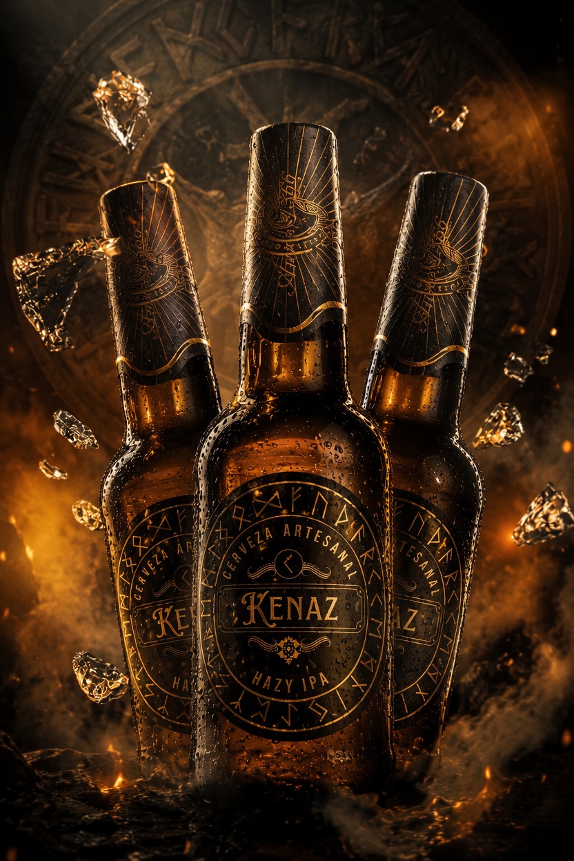 KENAZ — Render de tres botellas Hazy IPA con fuego y runas